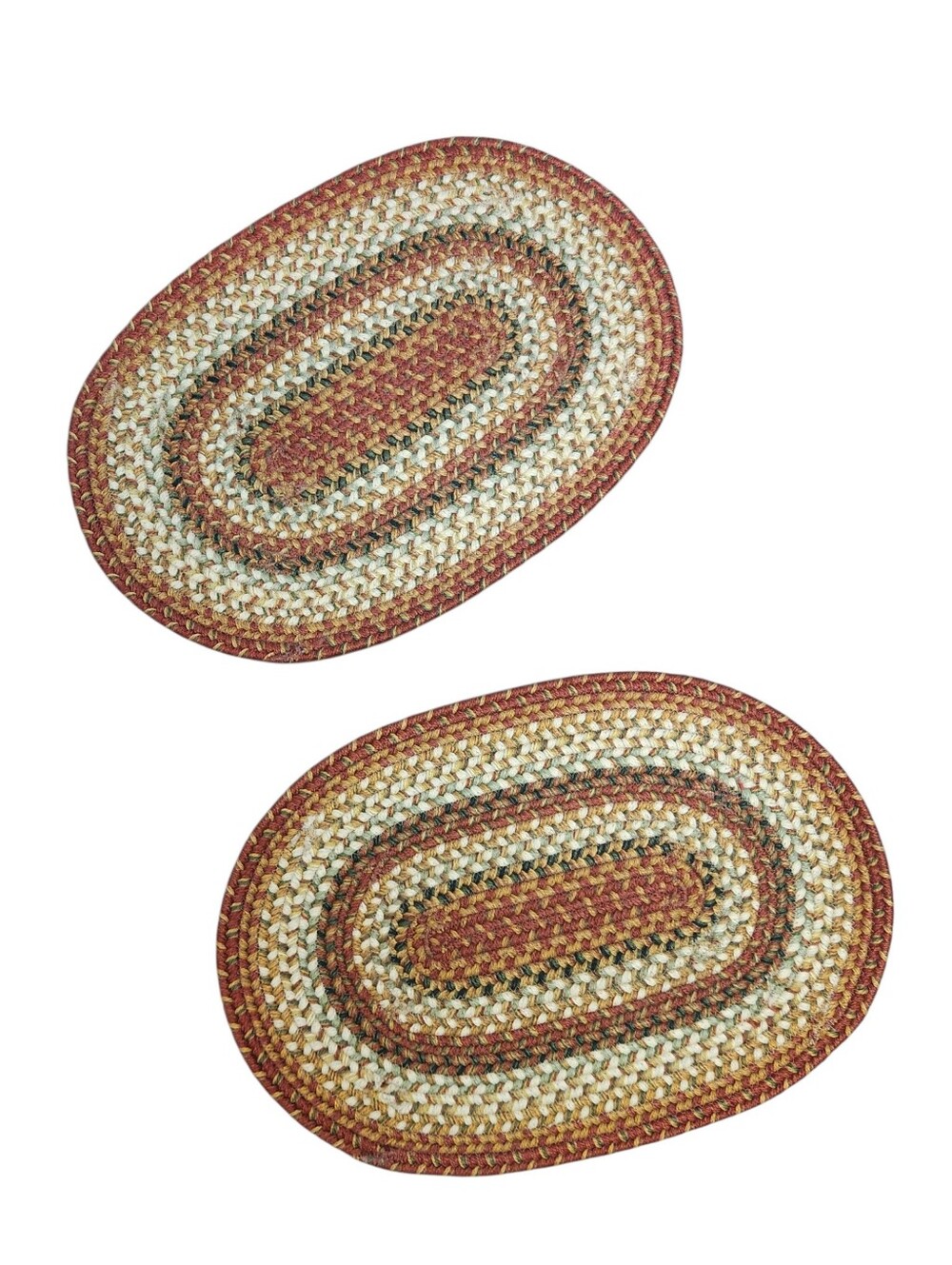 2 Vintage Oval Braided Rugs 19x13 Farmhouse Orange Green Placemats Cottagecore